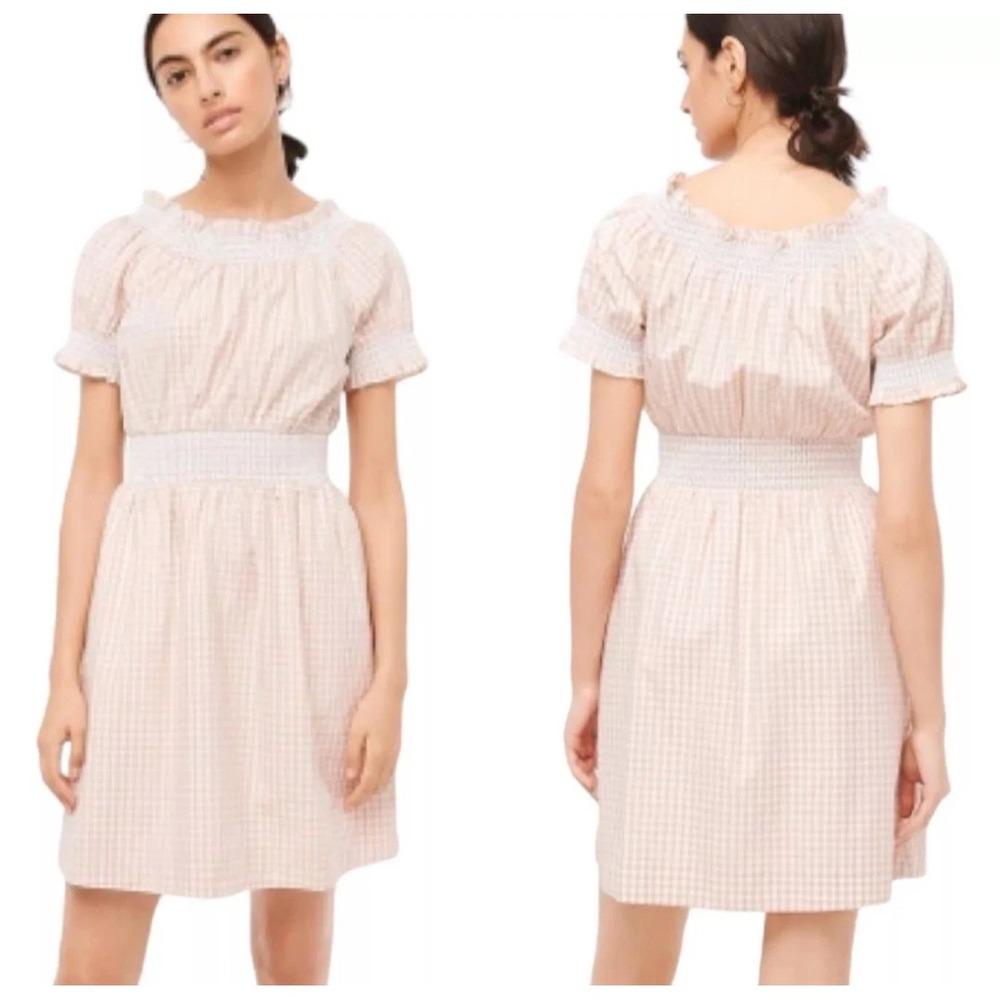 J.Crew Smocked Puff-sleeve Babydoll Dress in Gingham Print Size Large‎